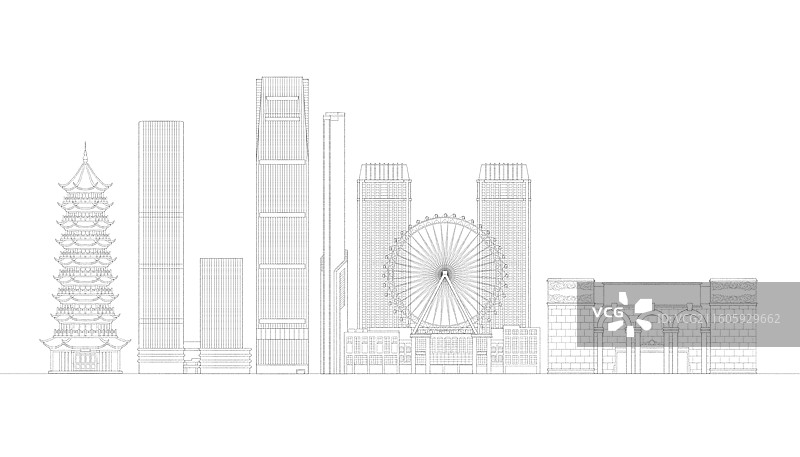 广东中山城市地标建筑插画线稿图片素材