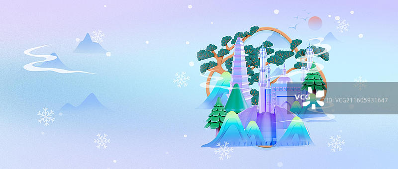 3D立体新疆城市建筑国风小雪大雪节气插画图片素材