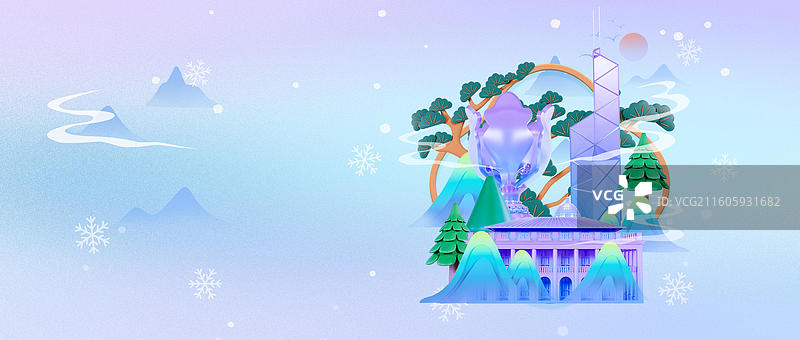 3D立体香港城市建筑国风小雪大雪节气插画图片素材