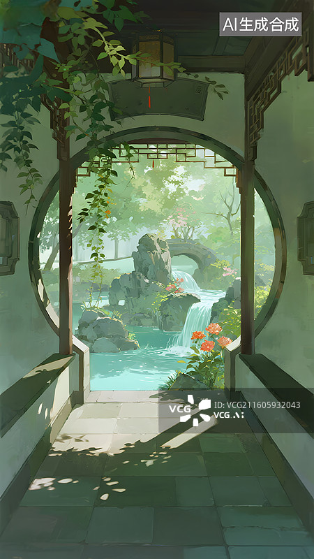 【AI数字艺术】中国园林水彩工笔画插画图片素材