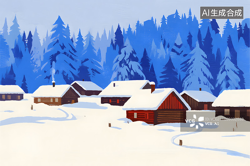 【AI数字艺术】冬日雪景雪乡插画版画图片素材