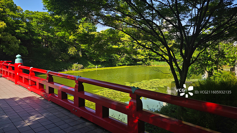 日本大阪四天王寺公园紧邻四天王寺，园内花木繁茂，有池塘点缀，与古寺建筑相映成趣，充满宁静禅意。图片素材