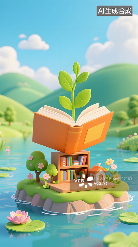 【AI数字艺术】3D卡通读书萌芽图片素材