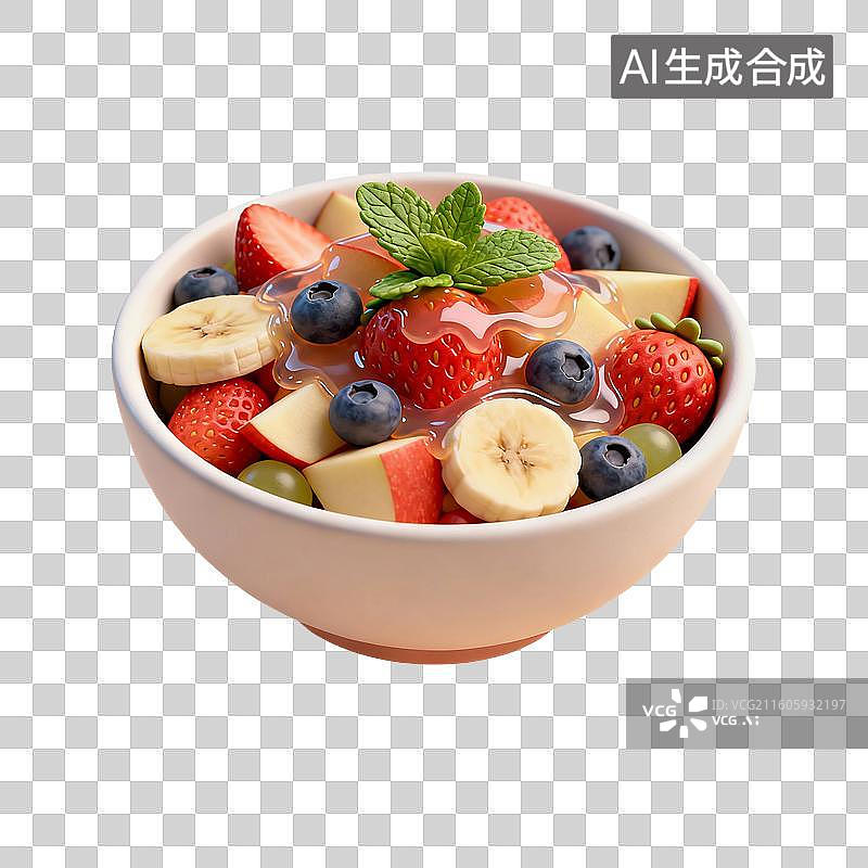 【AI数字艺术】3D渲染，粘土风，减脂餐，瘦身餐，健身餐，水果沙拉，健康食物，水果蔬菜，免抠元素图片素材