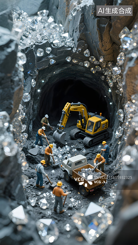 【AI数字艺术】微缩景观挖矿钻石石英矿洞图片素材