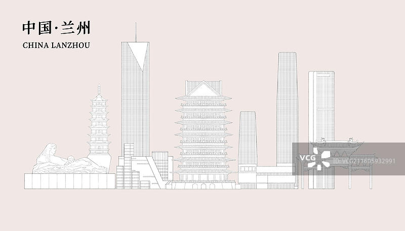 甘肃兰州城市地标建筑插画线稿图片素材