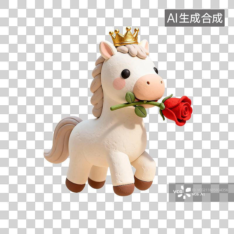 【AI数字艺术】3D渲染，白马王子，可爱的的卡通小马，小马叼着红玫瑰，情人节，七夕节，婚礼，马年，马，十二生肖图片素材