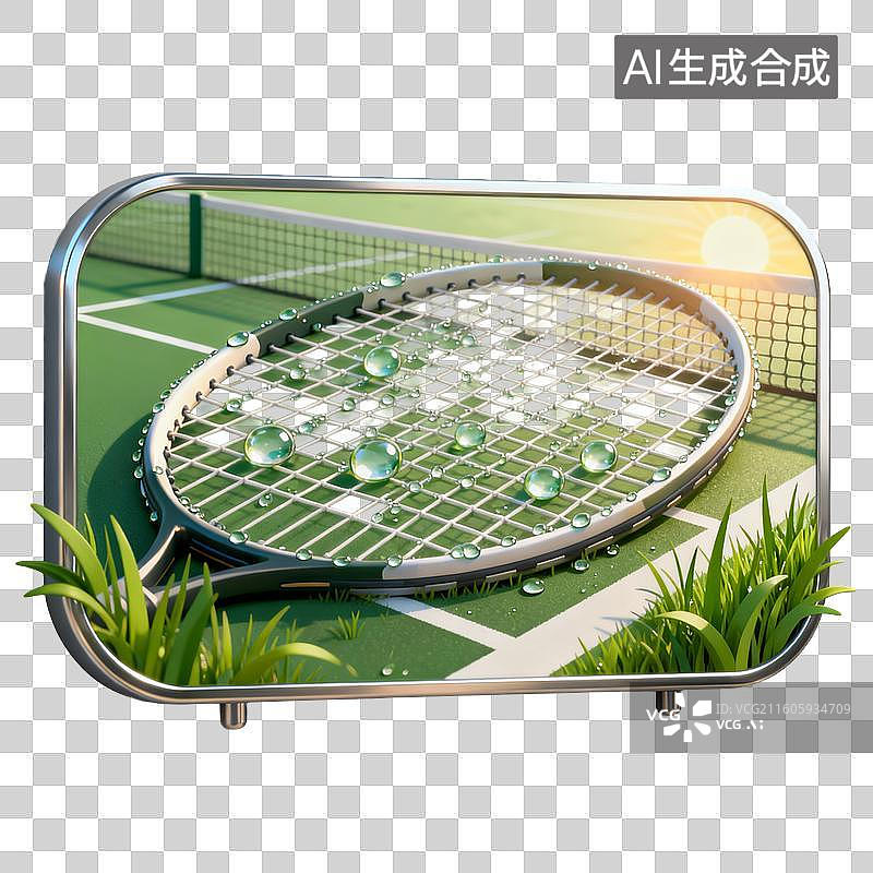 【AI数字艺术】带水滴的网球拍与网球场场景图片素材