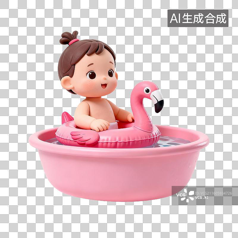 【AI数字艺术】粉色浴缸中玩火烈鸟浮具的小女孩图片素材