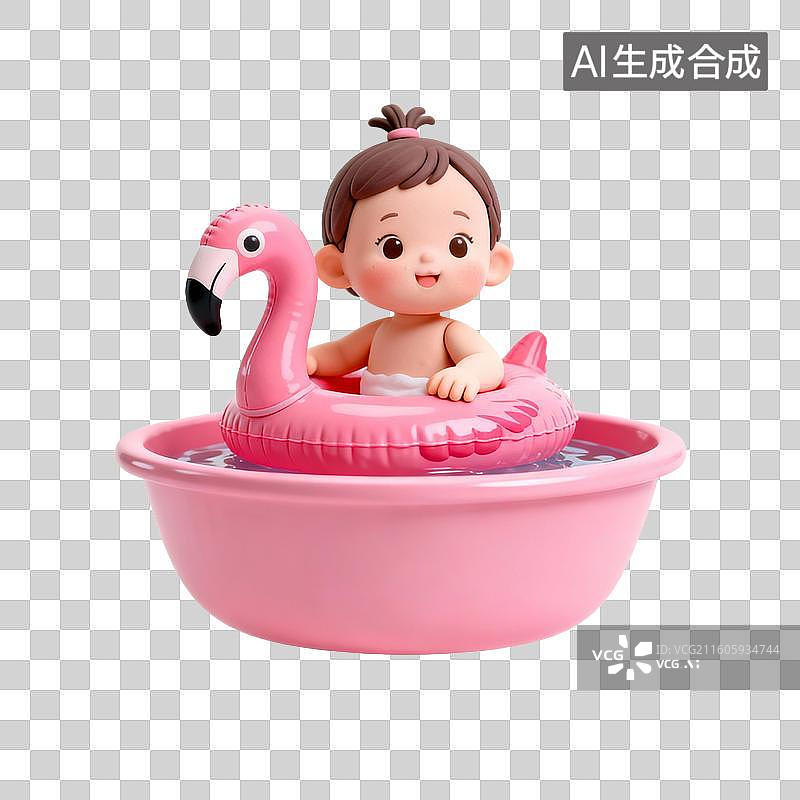 【AI数字艺术】粉色浴缸中玩火烈鸟浮具的小女孩图片素材