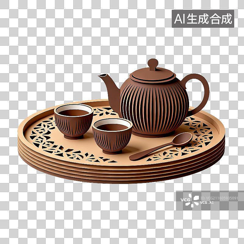 【AI数字艺术】棕色茶具套装与镂空圆形茶盘图片素材