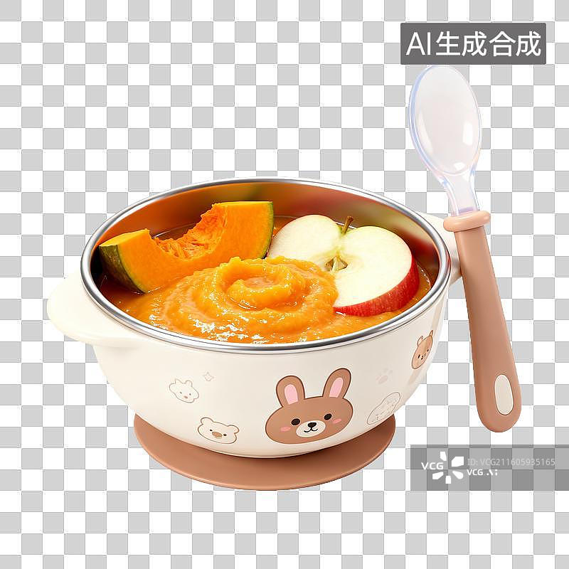 【AI数字艺术】儿童辅食碗含蔬果泥与餐具图片素材