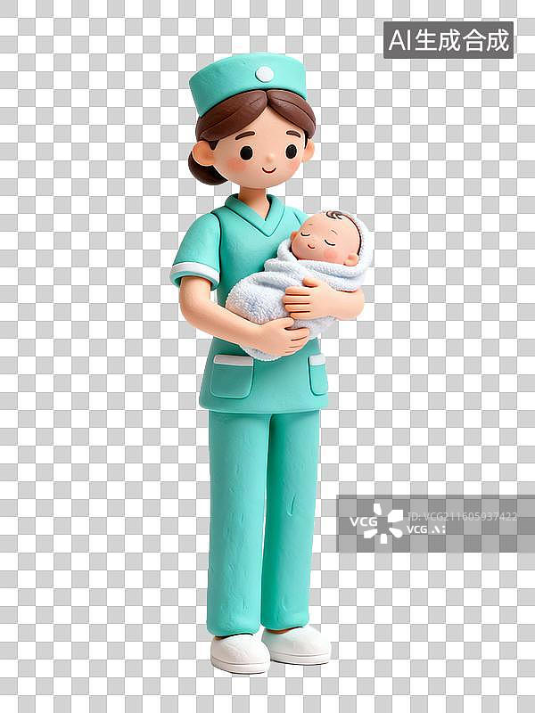 【AI数字艺术】身穿绿色制服的护士抱着新生儿图片素材