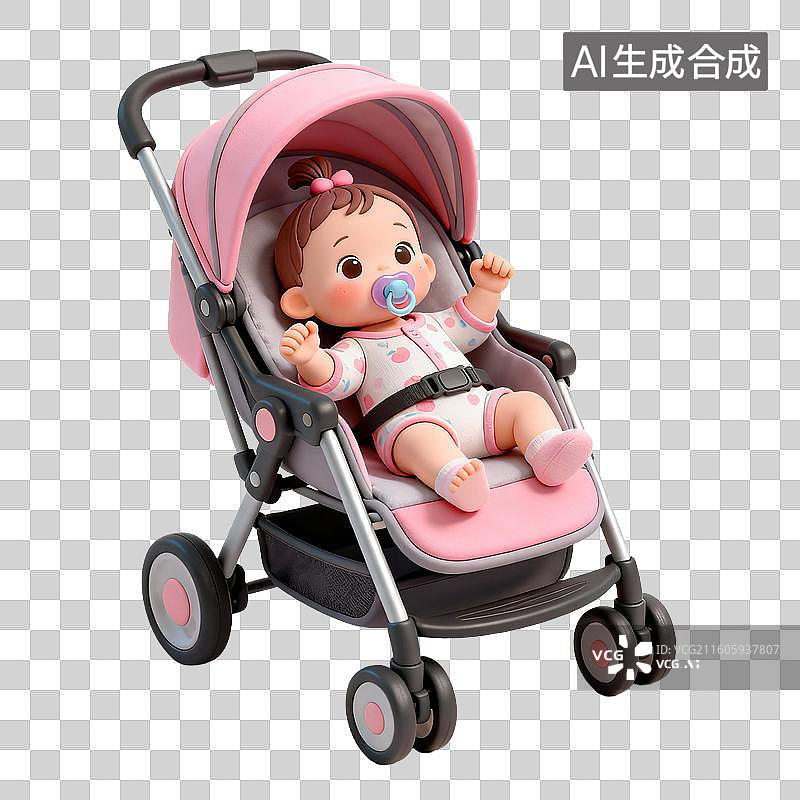【AI数字艺术】坐在粉色婴儿车里的可爱娃娃图片素材