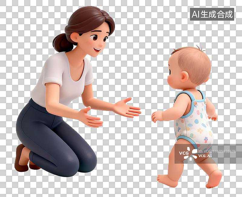 【AI数字艺术】一位女士蹲下身伸手迎接学步的幼儿图片素材