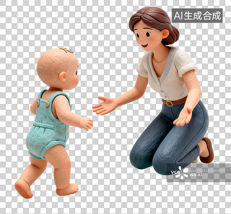 【AI数字艺术】一位女士蹲下身伸手迎接学步的幼儿图片素材