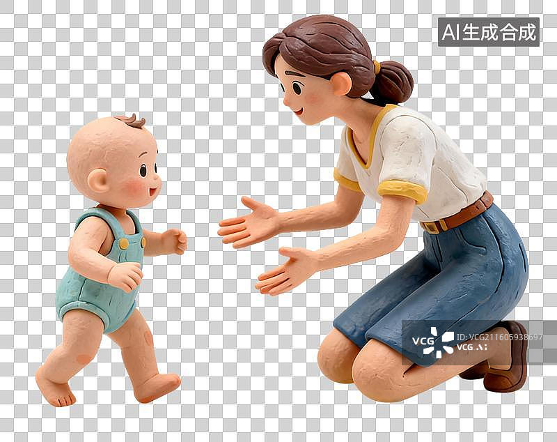 【AI数字艺术】一位女士蹲下身伸手迎接学步的幼儿图片素材