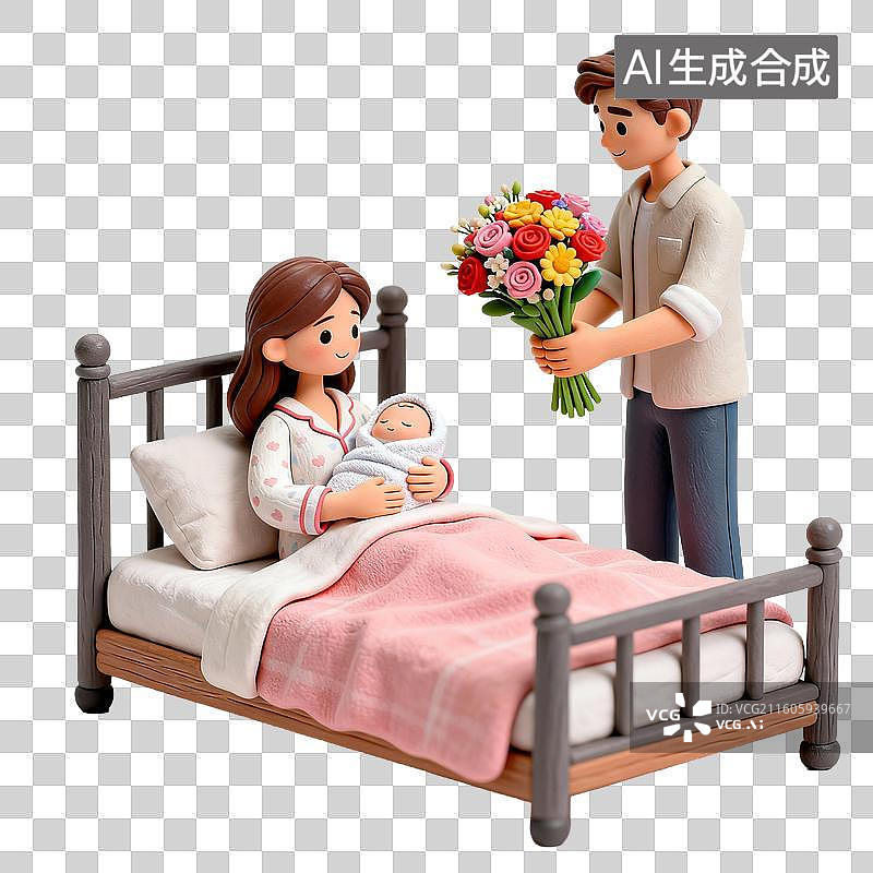 【AI数字艺术】男子向抱新生儿的妻子献花图片素材