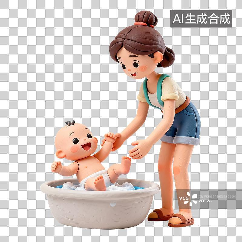 【AI数字艺术】女性给婴儿洗澡的温馨场景图片素材