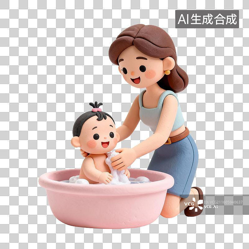 【AI数字艺术】女性给婴儿洗澡的温馨场景图片素材
