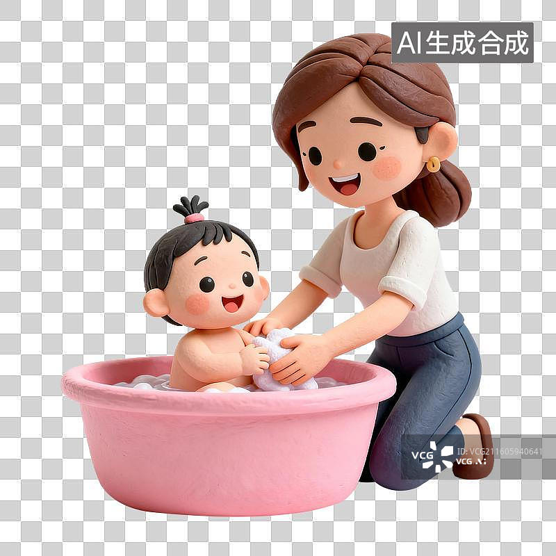 【AI数字艺术】女性给婴儿洗澡的温馨场景图片素材