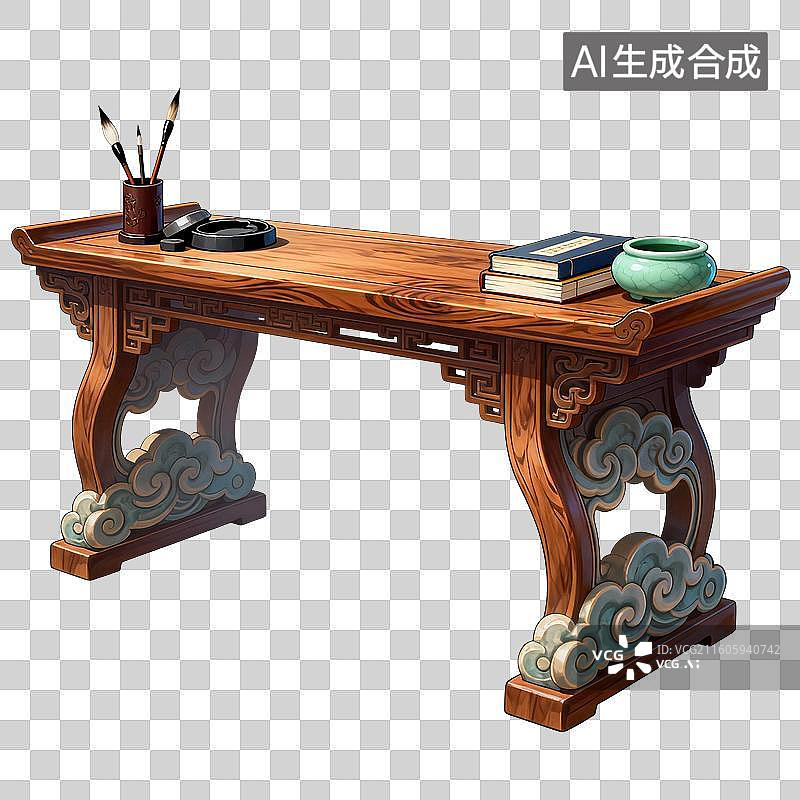 【AI数字艺术】国风手绘插画，书房书桌，茶几，古典家具，文房四宝，笔墨纸砚，书法艺术，免抠元素图片素材