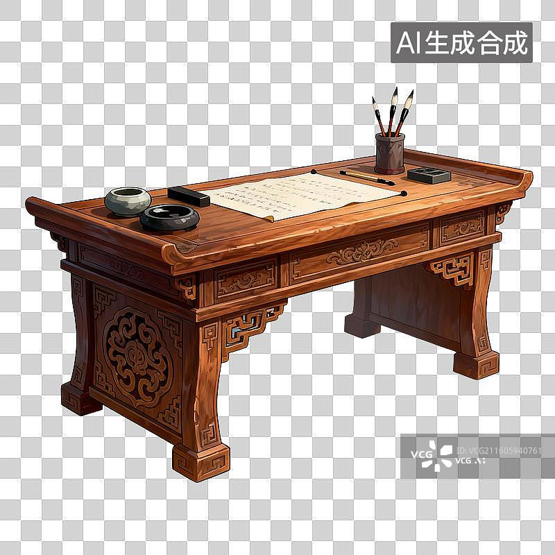 【AI数字艺术】国风手绘插画，书房书桌，茶几，古典家具，文房四宝，笔墨纸砚，书法艺术，免抠元素图片素材