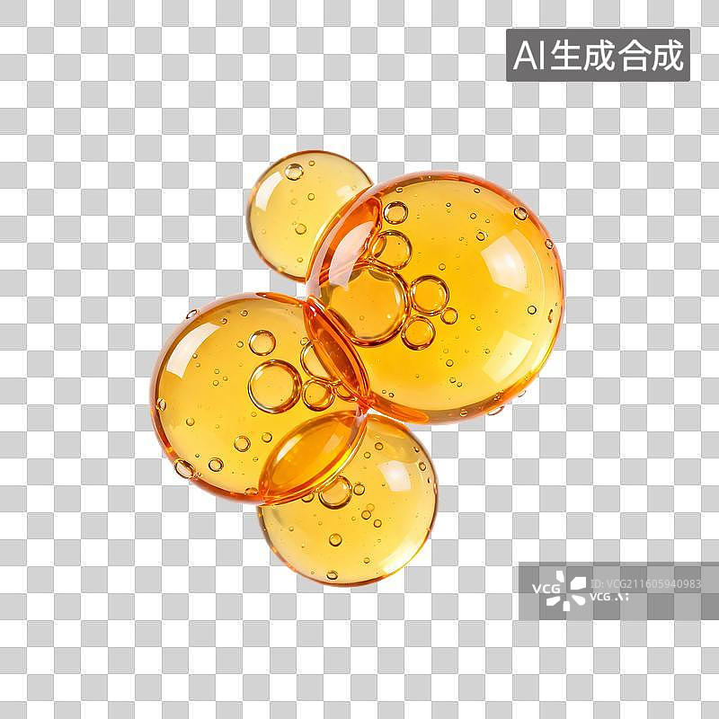 【AI数字艺术】3D渲染，橙色气泡，泡泡，细胞，水滴，化学分子结构，精华液，美妆，精油，免抠元素图片素材