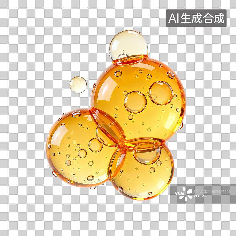 【AI数字艺术】3D渲染，橙色气泡，泡泡，细胞，水滴，化学分子结构，精华液，美妆，精油，免抠元素图片素材