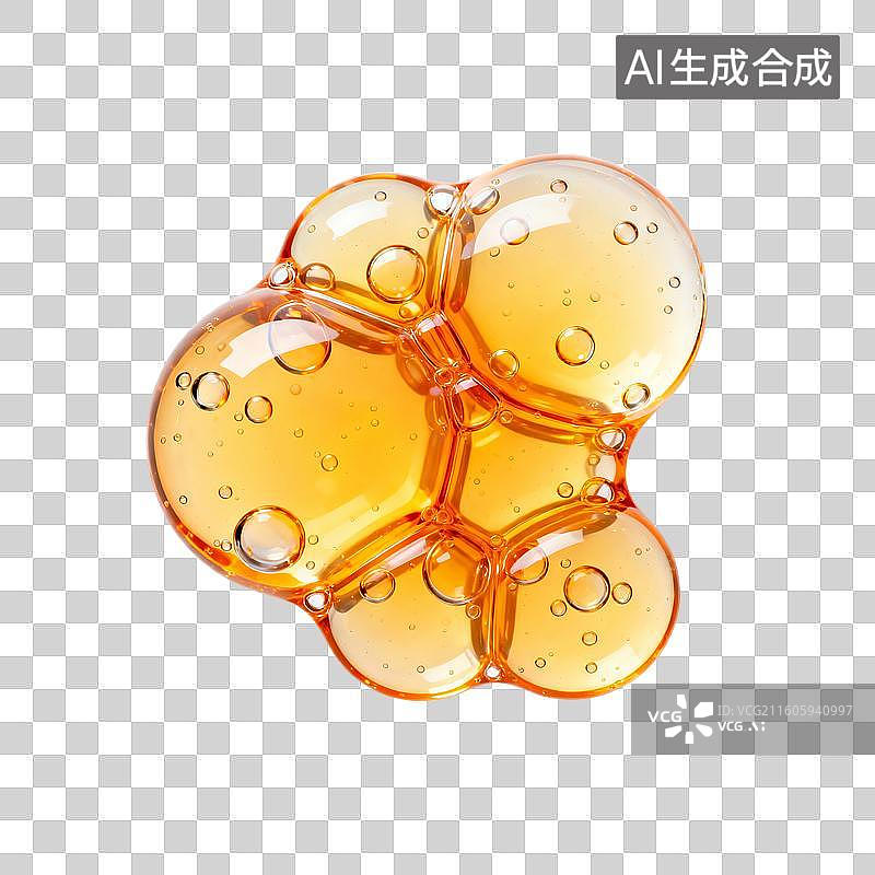 【AI数字艺术】3D渲染，橙色气泡，泡泡，细胞，水滴，化学分子结构，精华液，美妆，精油，免抠元素图片素材