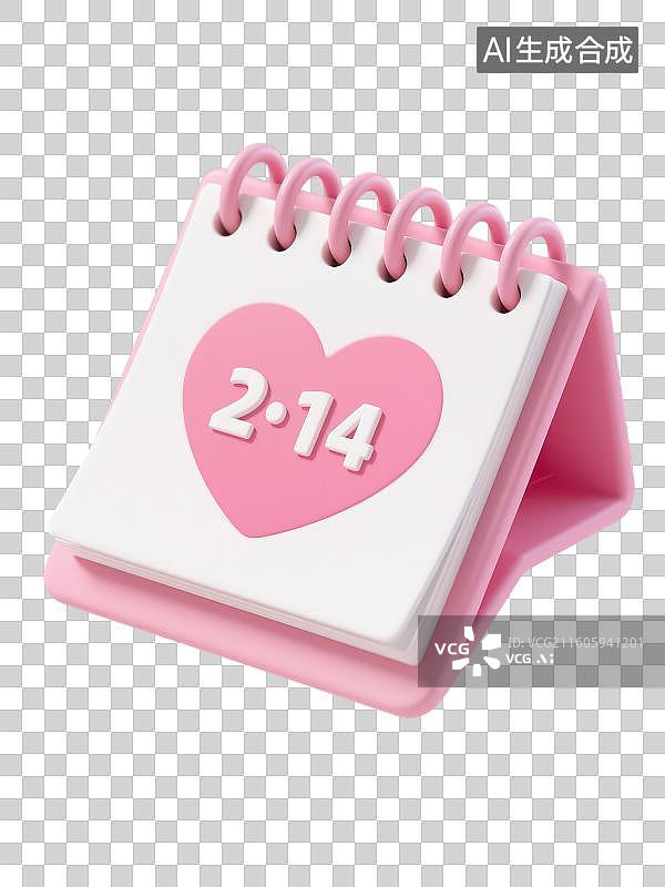 【AI数字艺术】3D渲染免抠图形元素粉色记录本日历本上粉色爱心上面写有数字2.14情人节日期图片素材