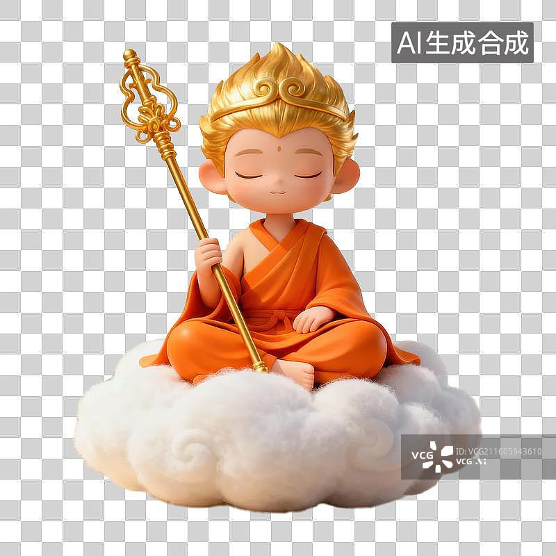 【AI数字艺术】金发童子坐云持杖图片素材