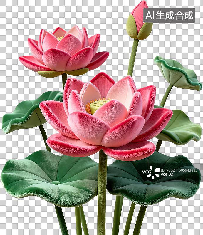 【AI数字艺术】粉色莲花与绿叶静物图图片素材