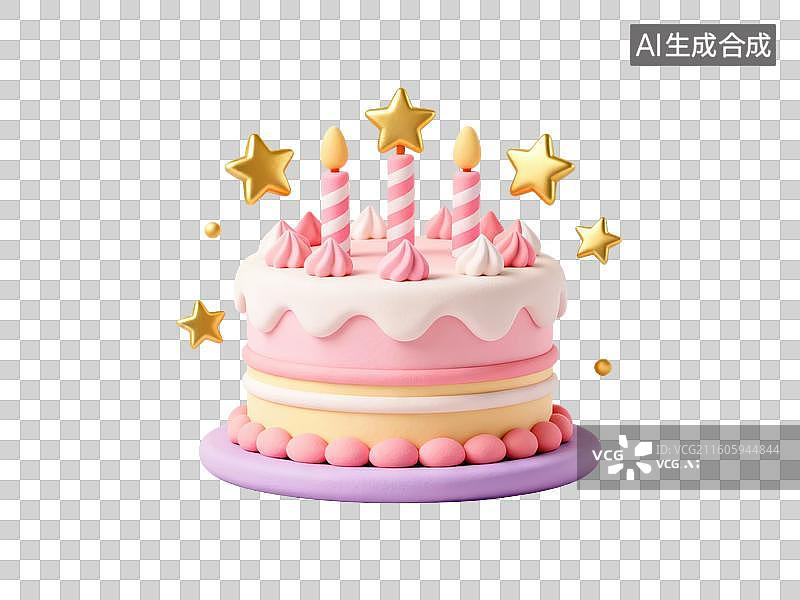 【AI数字艺术】粉色生日蛋糕带蜡烛和星星图片素材