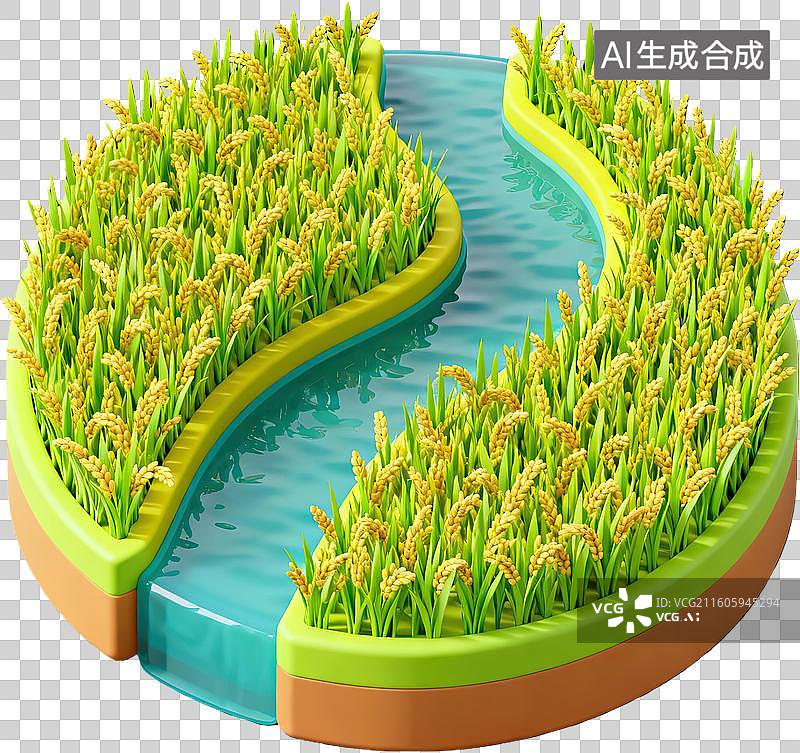 【AI数字艺术】稻田环绕水道的创意景观图片素材