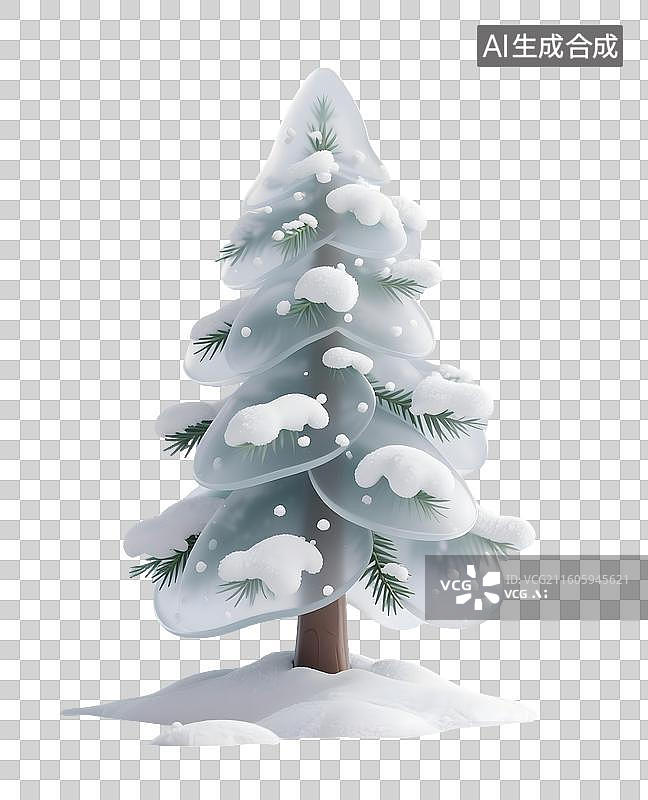 【AI数字艺术】AIGC：3D冰雪覆盖的松树，冬天节日，圣诞节，装饰，元素，免抠图形图片素材