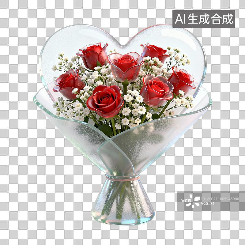 【AI数字艺术】心形透明花束中的红玫瑰与满天星图片素材