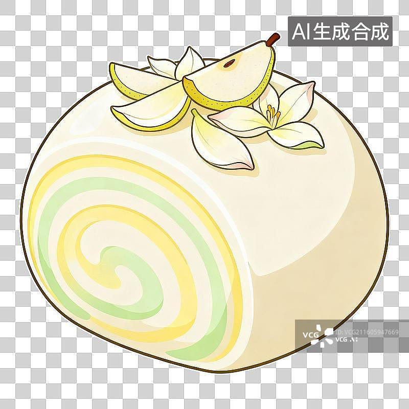 【AI数字艺术】装饰有梨片与花朵的瑞士卷蛋糕图片素材