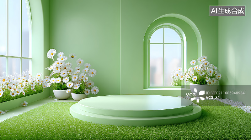 【AI数字艺术】绿色拱门舞台与花卉装饰的室内场景图片素材