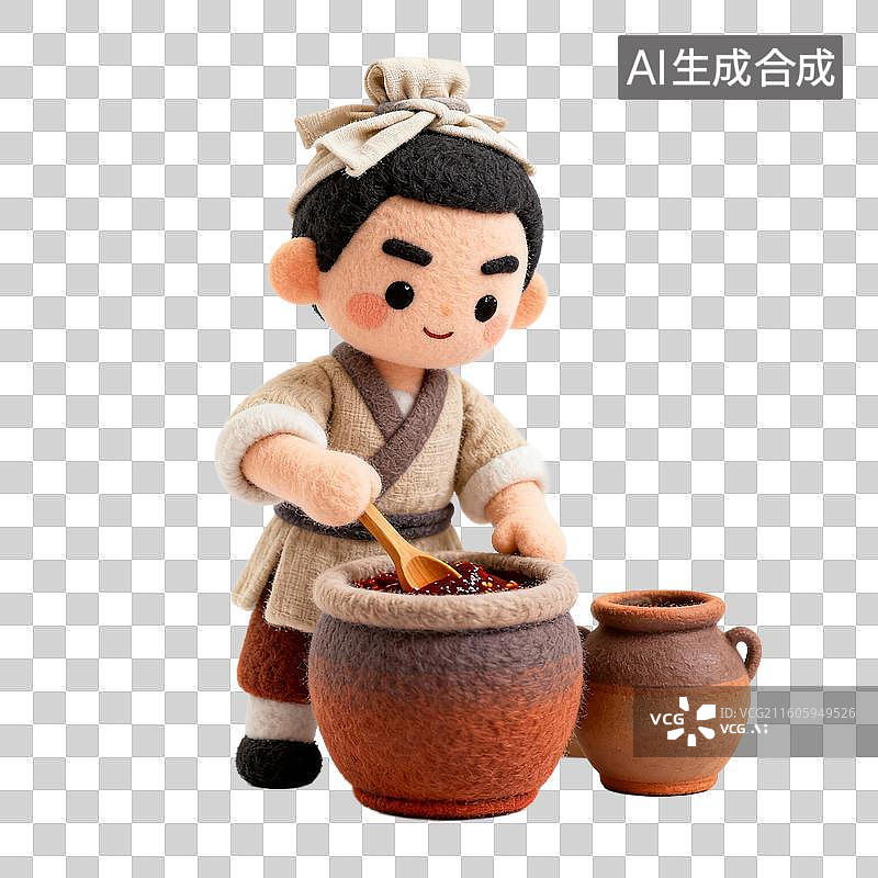 【AI数字艺术】古风毛毡人偶搅拌陶罐食材图片素材