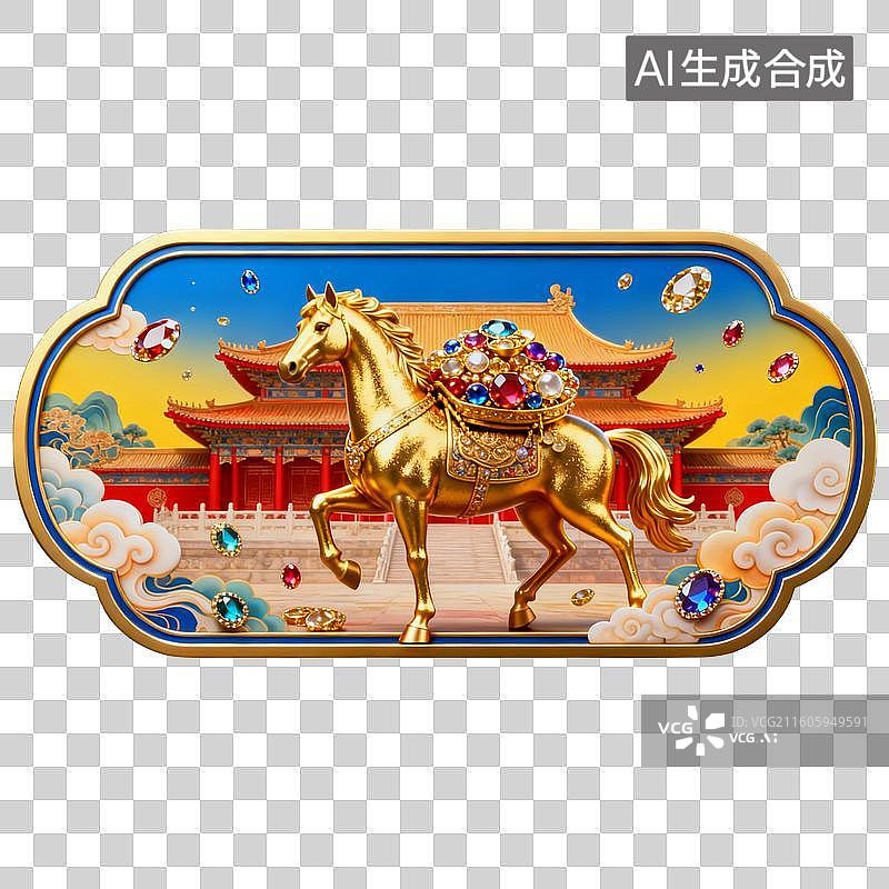【AI数字艺术】鎏金骏马驮珠宝立于中式宫殿前图片素材