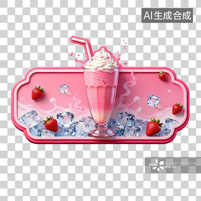 【AI数字艺术】草莓奶昔与冰块草莓装饰图片素材