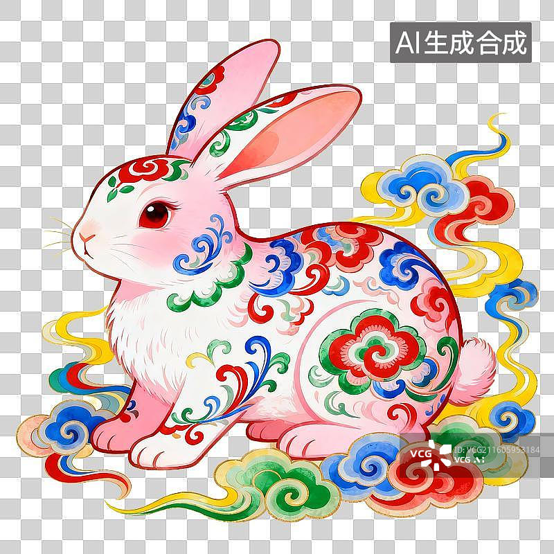 【AI数字艺术】十二生肖 彩绘兔子与祥云图案图片素材