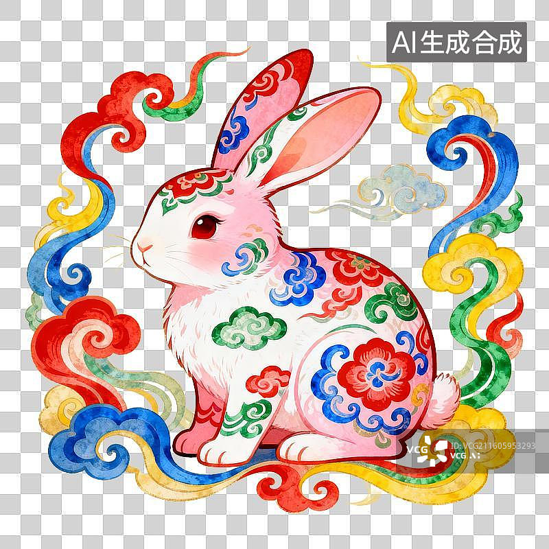 【AI数字艺术】十二生肖 彩绘兔子与祥云图案图片素材