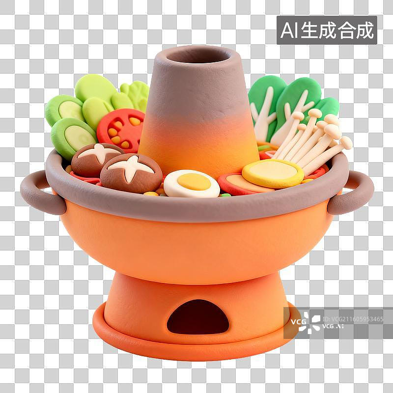 【AI数字艺术】黏土风格传统铜火锅与食材图片素材