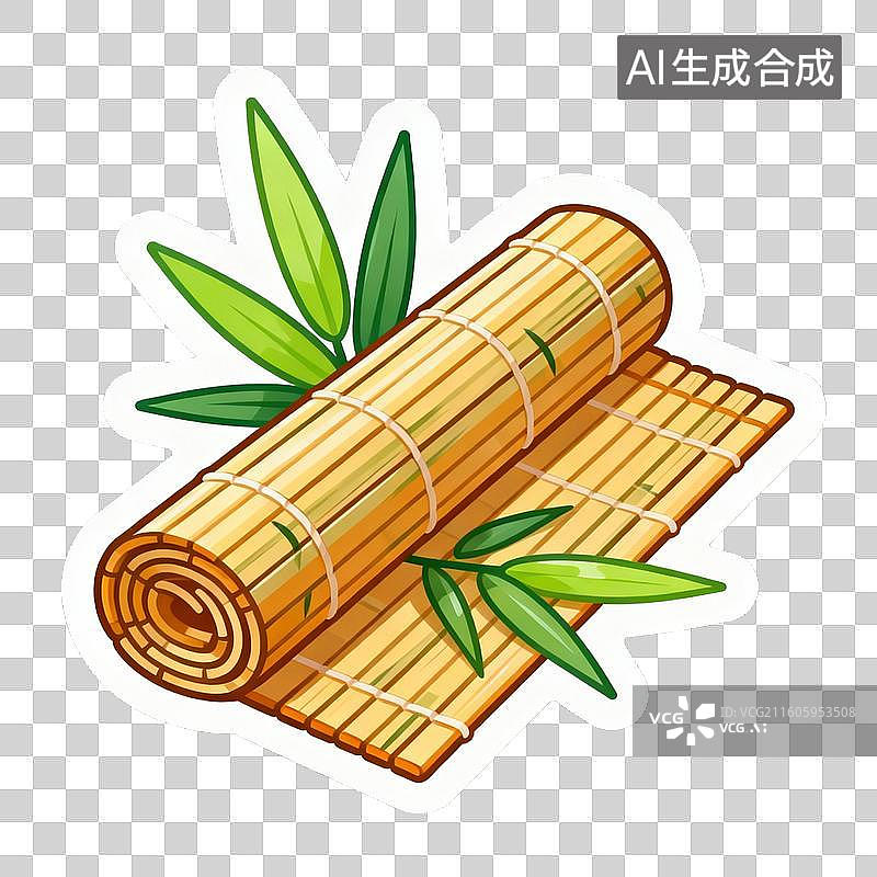【AI数字艺术】卡通风格竹席与竹叶贴纸图片素材