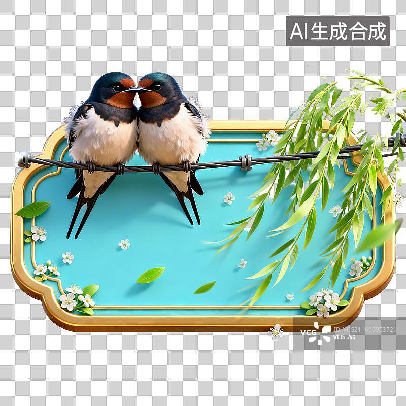 【AI数字艺术】亲昵的两只燕子与春日柳枝花卉装饰图片素材