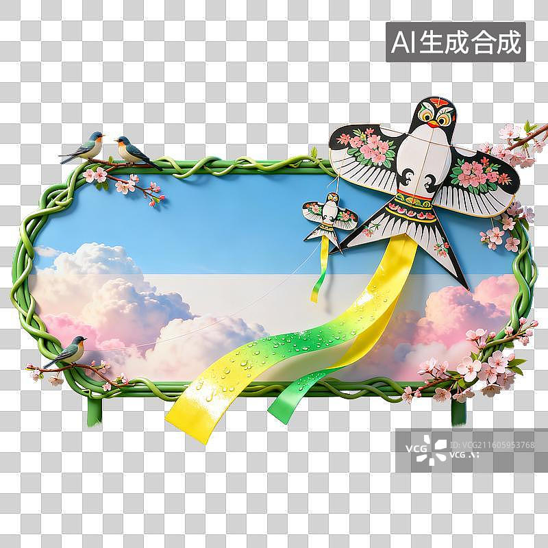 【AI数字艺术】春日藤蔓边框中的燕子风筝与樱花小鸟图片素材