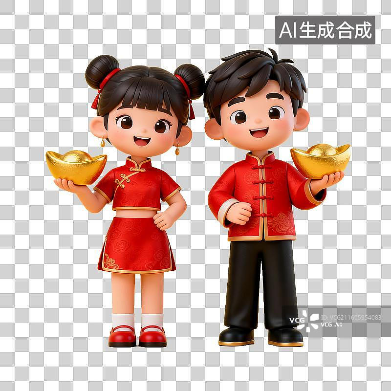 【AI数字艺术】中国节日 年俗 卡通儿童持金元宝图片素材