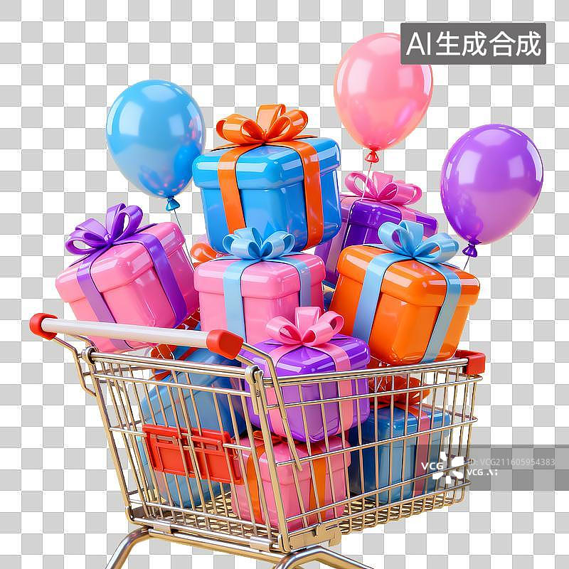 【AI数字艺术】电扇购物 促销元素 购物车中的彩色礼物与气球图片素材